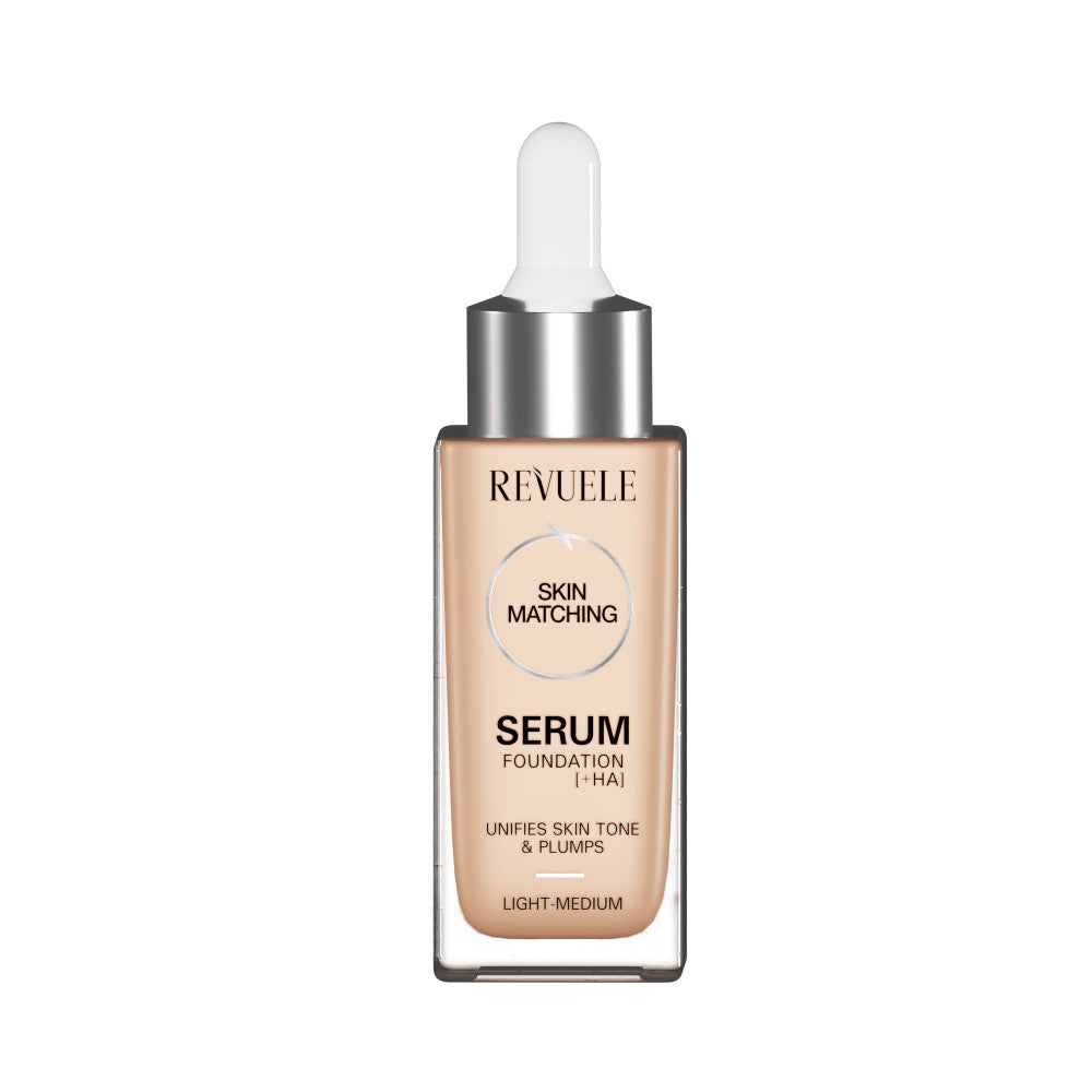 Revuele Serum Foundation + HA in Light/Medium bottle with dropper against a soft light background