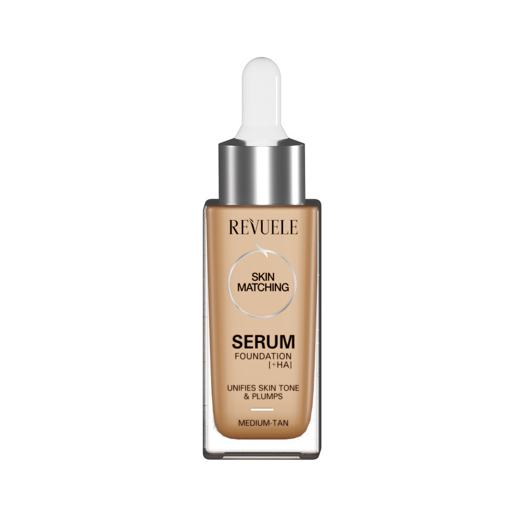Revuele Serum Foundation + HA bottle in Medium/Tan shade with dropper applicator