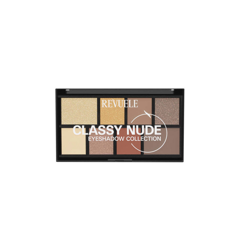 Flatlay of Revuele Classy Nude eyeshadow palette with 12 neutral brown and rose shades