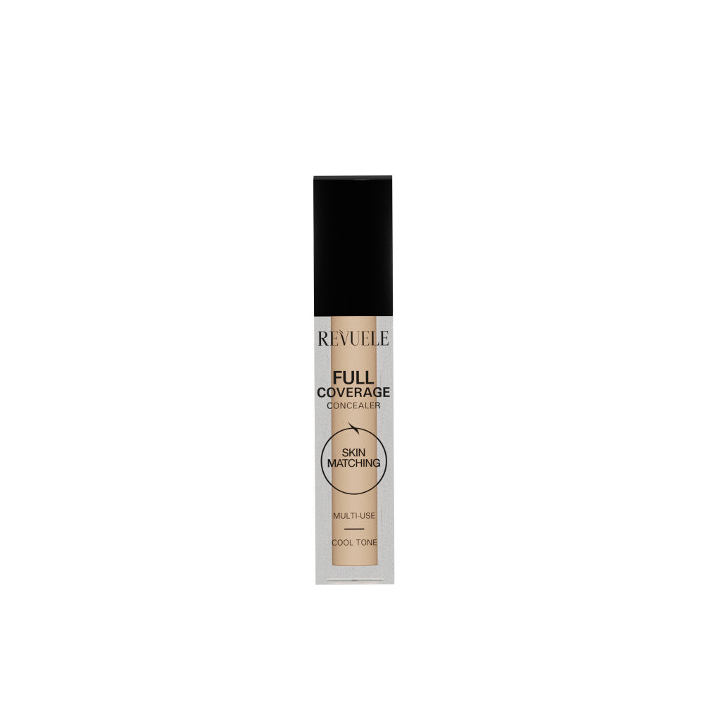 Revuele Full Coverage Liquid Concealer in Cool Tone, a slender tube with a black cap and precision applicator, suitable for camouflaging dark circles