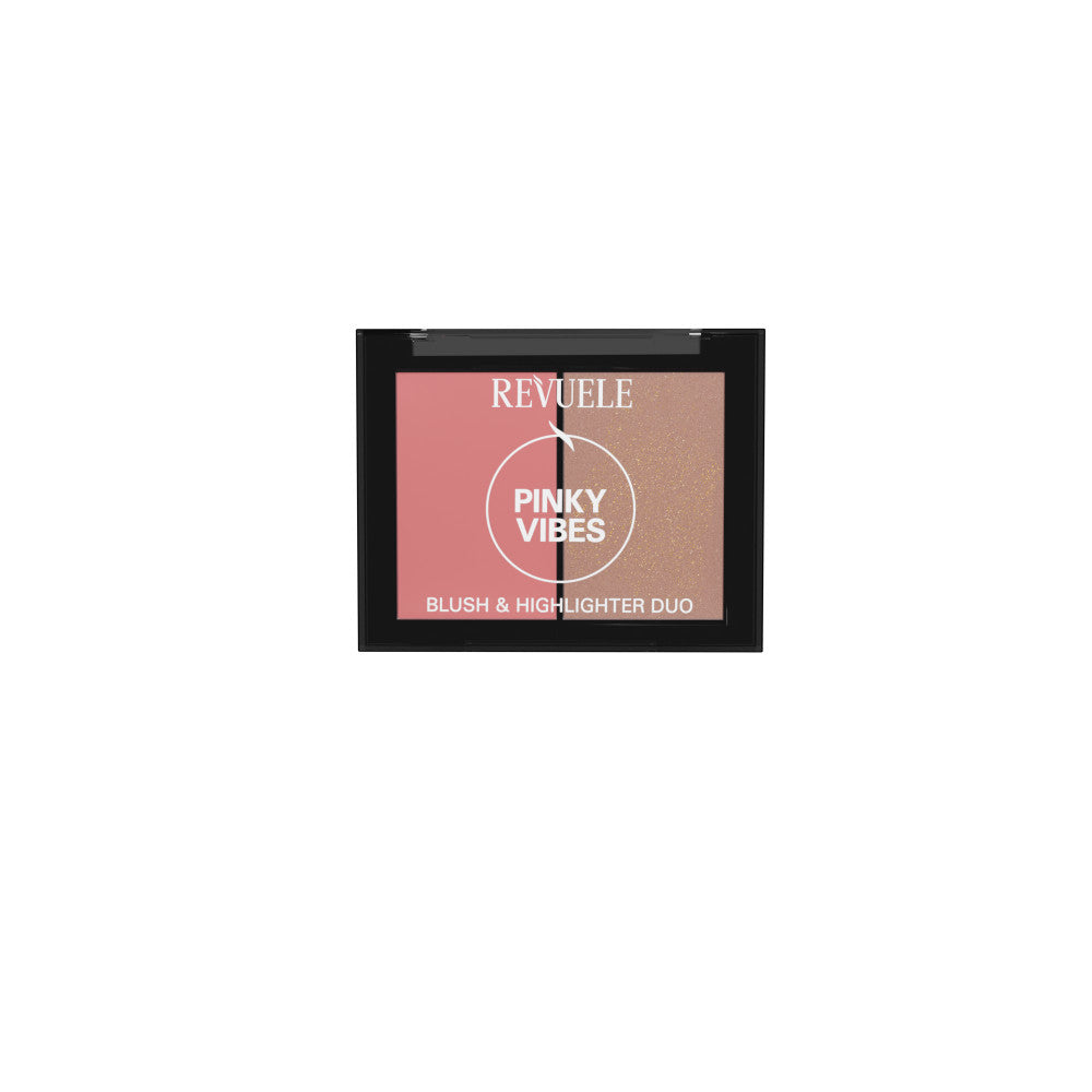 Revuele Blush & Highlighter Duo Pinky Vibes compact with pink blush and champagne highlighter pans