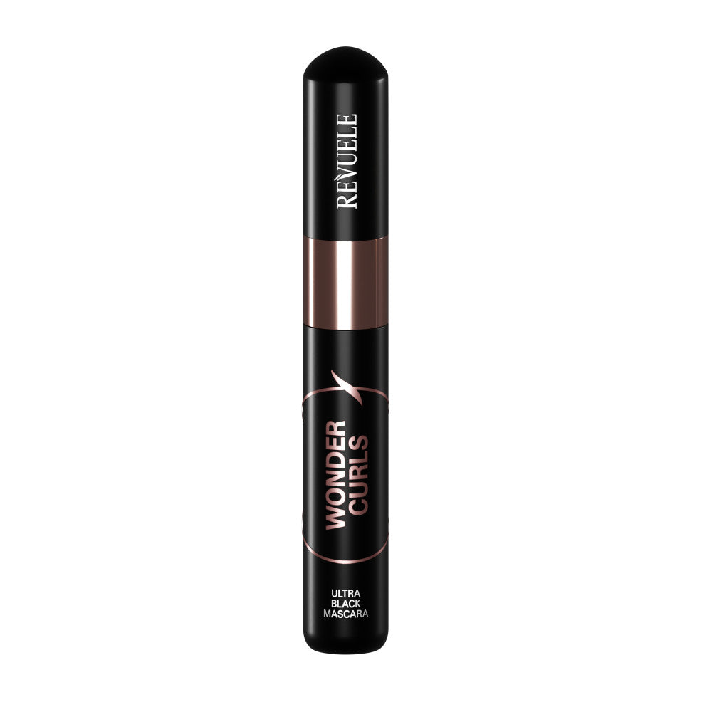 Revuele Wonder Curls Ultra Black Mascara tube with curved wand on clean white background