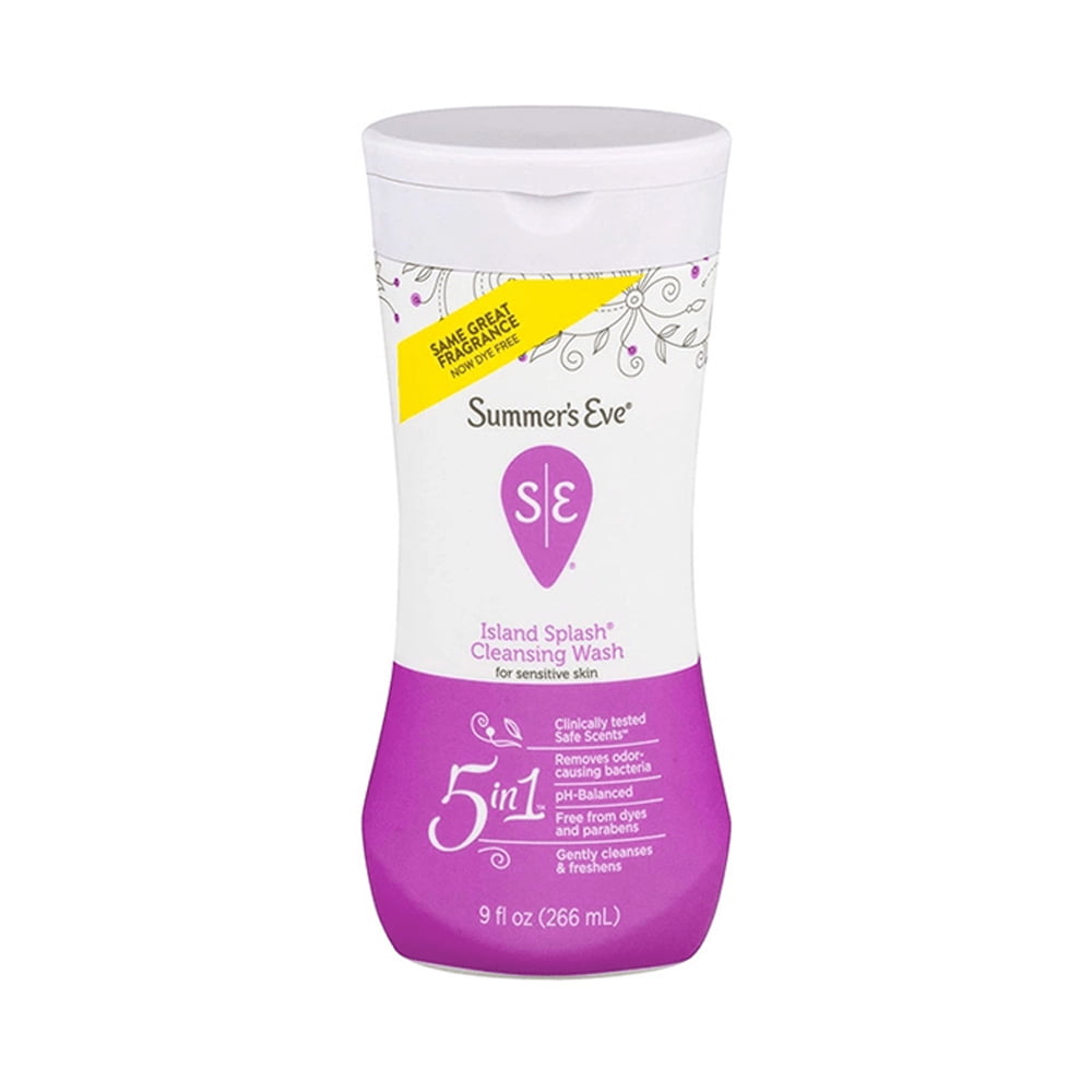 Summers Eve Island Splash sensitive area wash bottle 266ml, tropical packaging with passion fruit design on white background