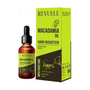 Revuele Macadamia Hair Booster 30ml bottle on a white surface, highlighting the sleek black packaging.