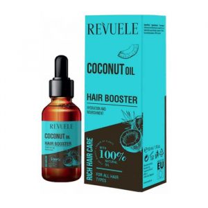 Revuele Coco Hair Booster 30ml bottle with coconut oil formula, gold cap, and white label on blue background