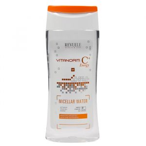 Revuele Vitanorm C Micellar Water 200ml bottle in clear plastic with orange label on white background