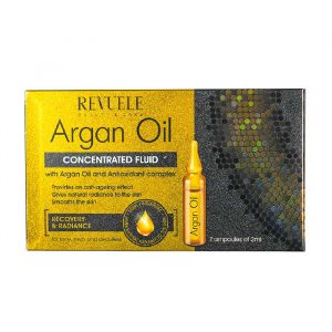 Revuele Argan Concentrated Fluid Ampoules box with 7 glass ampoules, white and gold packaging