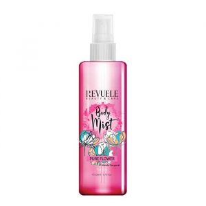 Revuele Pure Flower body mist in a transparent bottle with pink floral accents, 200ml size