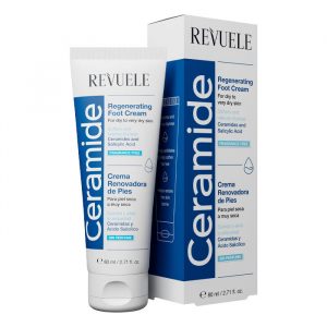Revuele Ceramide Regenerating Foot Cream 80ml tube front view with ingredient highlights