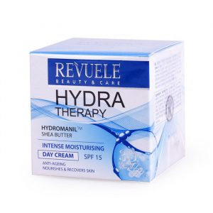 Revuele Hydra Therapy Day Cream in a white plastic tube, 50ml size, held against a neutral background.