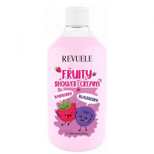 Revuele Fruity Shower Cream 500ml bottle with raspberry and blackberry design, white pump cap