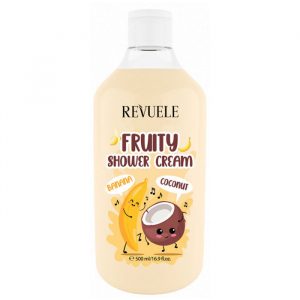 Revuele Fruity Shower Cream 500ml bottle with coconut and banana graphics