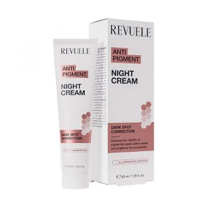 Revuele Anti Pigment Dark Spot Night Cream 50ml jar with pink lid, placed on a marble surface