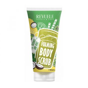 Revuele Foaming Body Scrub in 200ml tube with lime, coconut, and mint botanical graphics