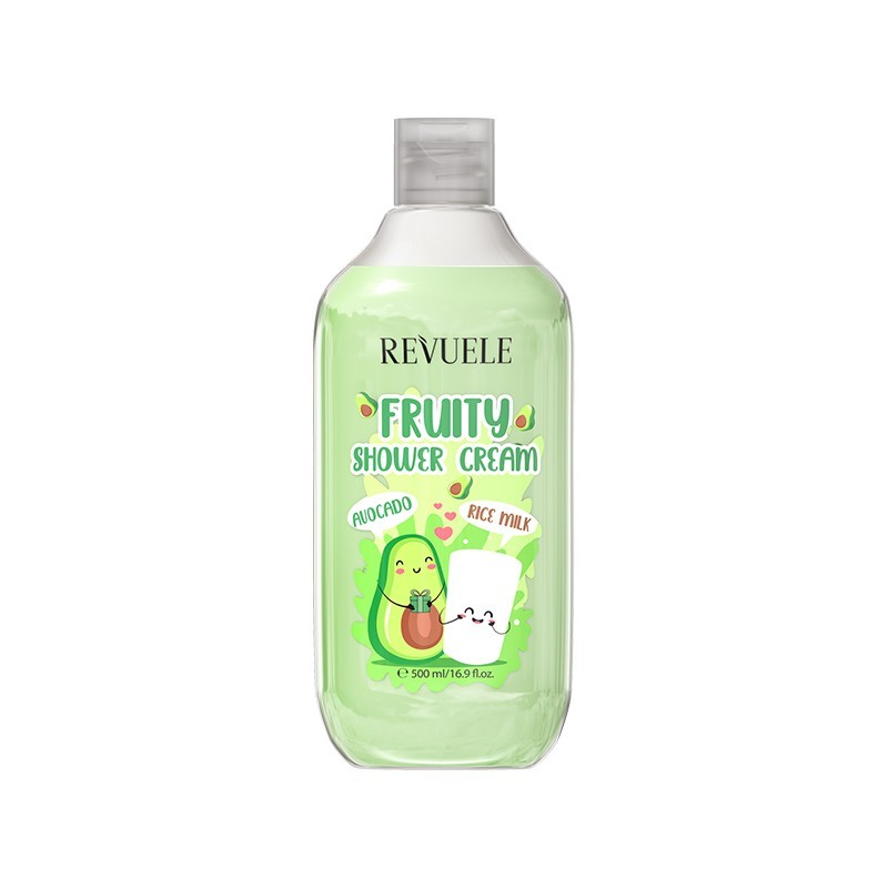 Revuele Fruity Shower Cream in a white bottle with green and pink label, 500ml size