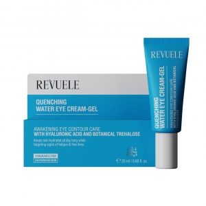 Revuele Hydro Skin Quenching eye contour in a white tube with blue accents, 25 ml size, fresh gel texture visible