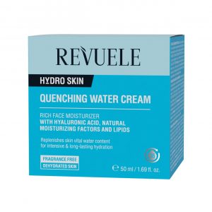 Revuele Hydro Skin Quenching Moisturizing Cream in a white jar with blue lid, 50ml packaging