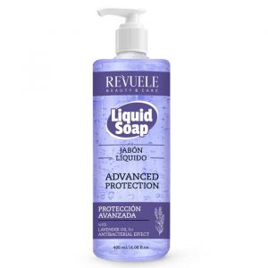Revuele Liquid Soap Lavender 400ml bottle on a marble countertop, soft lighting