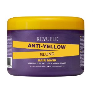 Revuele Anti-Yellow Blond Hair Mask 500ml bottle, violet-toned cream packaging on white background