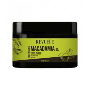 Revuele Macadamia Hair Mask 360ml jar on a white surface, packaging in green and white tones