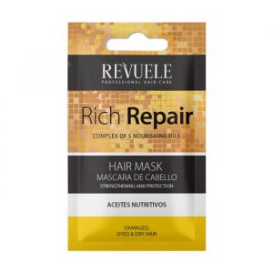 Close-up of Revuele Hair Mask Rich Repair 25ml tube against a clean white background, highlighting the cream formula inside