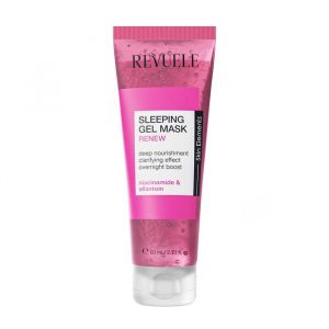 Revuele Sleeping Gel Mask Renew in a white tube with blue cap, 80ml size, on a clean surface