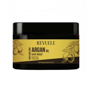 White pot of Revuele Argan Hair Mask 360ml with gold label and argan oil illustration