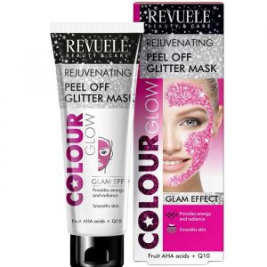 Pink tube of Revuele Peel Off Glitter Mask with shimmering gel visible through clear cap