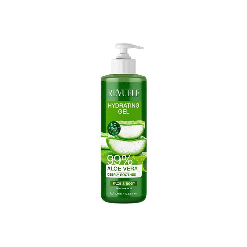 Revuele Aloe Vera 99% Face & Body Gel 400ml white bottle with green label on clean background