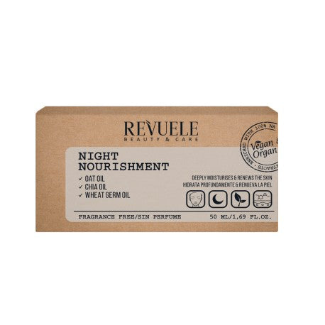 Revuele Vegan & Organic Night Oil in a 50ml glass dropper bottle, front view