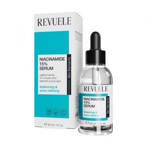 Revuele Niacinamide Serum 15% in a 30 ml dropper bottle on a white background, front view