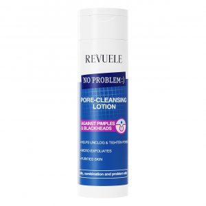 Revuele No Problem Pore and Blackhead Cleansing Facial Lotion in a white plastic bottle with blue cap, 200ml size for oily skin