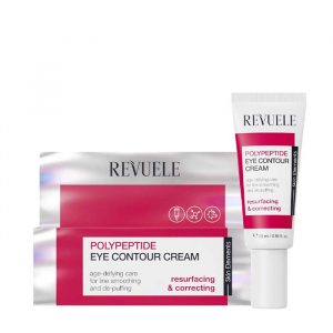 Revuele Polypeptide Anti-Aging Eye Contour Cream in a white tub with silver lid, 25 ml packaging