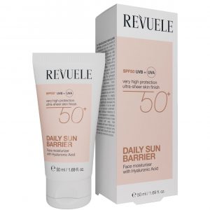 Revuele Daily Sunscreen SPF50+ 50ml tube with hyaluronic acid, white packaging with blue and silver accents