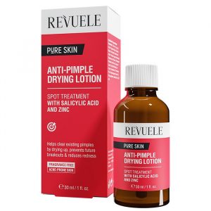 Revuele Anti-Pimple Drying Lotion bottle with dropper against white background