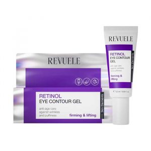 Revuele Retinol Eye Contour Gel tube on a clean surface, showing the product label and 25ml size