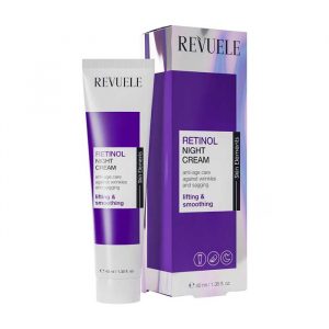 Revuele Retinol Night Cream in a white jar with silver lid, 40ml size