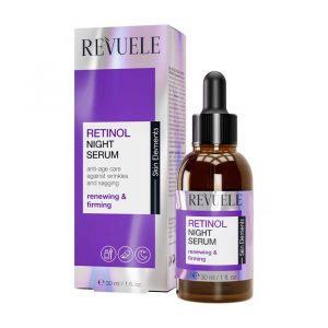Revuele Moisturizing Night Serum Retinol in a glass dropper bottle on a white surface