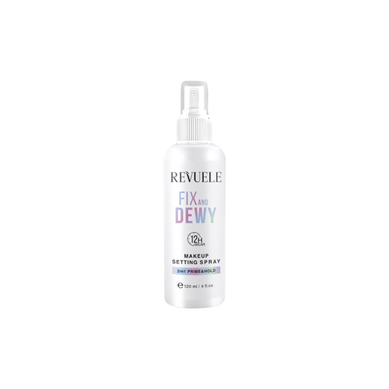 Revuele Setting Spray Fix & Dewy 120ml bottle with mist nozzle, dewy finish