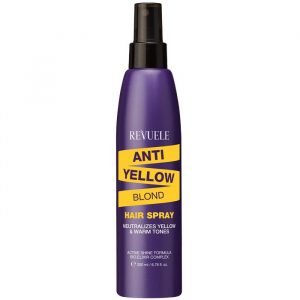 Revuele Anti-Yellow Blond Hair Spray 200ml bottle on white background with violet-hued liquid visible