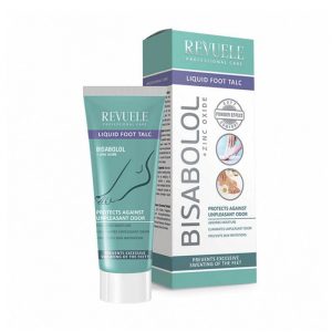 Revuele Bisabolol Liquid Foot Talc 80ml bottle with soft white label and green accents on a clean background