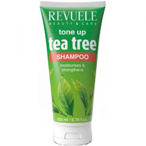 Revuele Tea Tree Tone Up Shampoo 200ml bottle on a tiled surface, green label visible