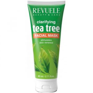 Revuele Tea Tree Facial Mask in a green and white tube, 80 ml size, shown against a clean background