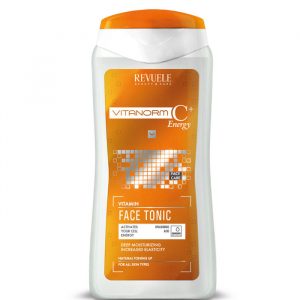 Revuele Vitanorm C Face Tonic 200 ml bottle with white and orange label, standing on a clean surface