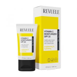 Tube of Revuele Vitamin C Moisturizing Cream SPF 20 with orange accents, 50 ml, on a mirrored surface.