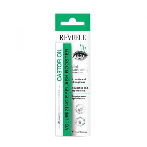 Revuele Castor Oil Volumizing Eyelash Booster standing upright with clear packaging and visible serum