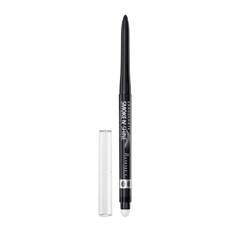 Rimmel Exaggerate Smoke'N Shine Eyeliner 001 with black twist-up cap and smudger tool