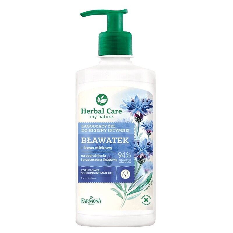 Farmona Herbal Care Intimate Gel Blawatek 94% in a 330ml white bottle with green accents, isolated on a clean background