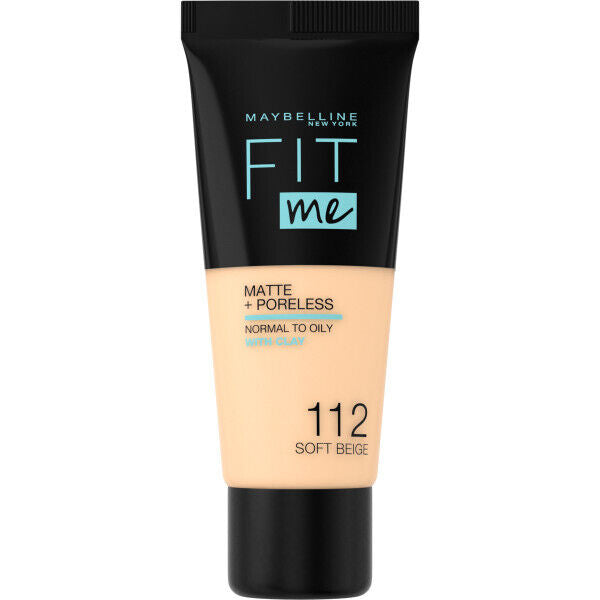 Maybelline Fit Me Matte & Poreless Foundation 112 Soft Beige 30ml bottle with matte finish