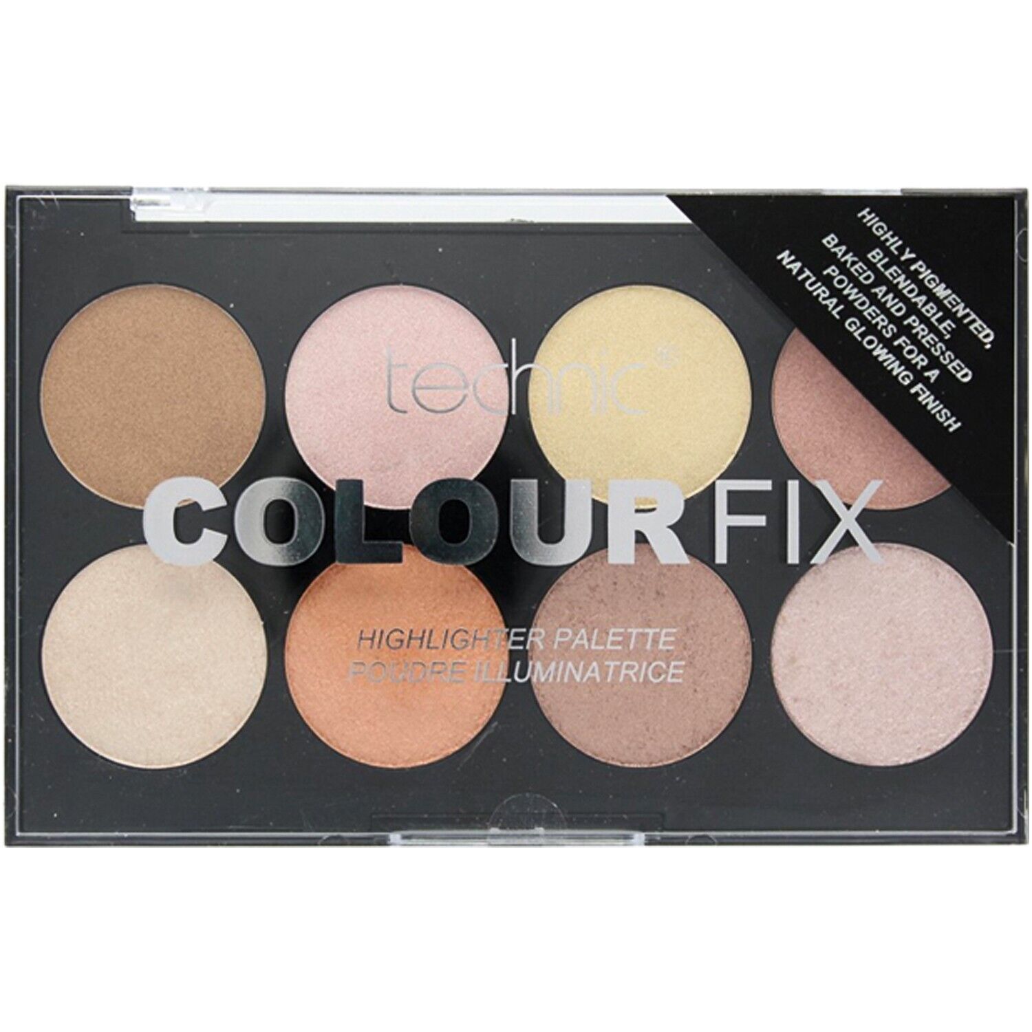 Technic Colour Fix Highlighter Palette open with six shimmering shades, compact mirrored packaging